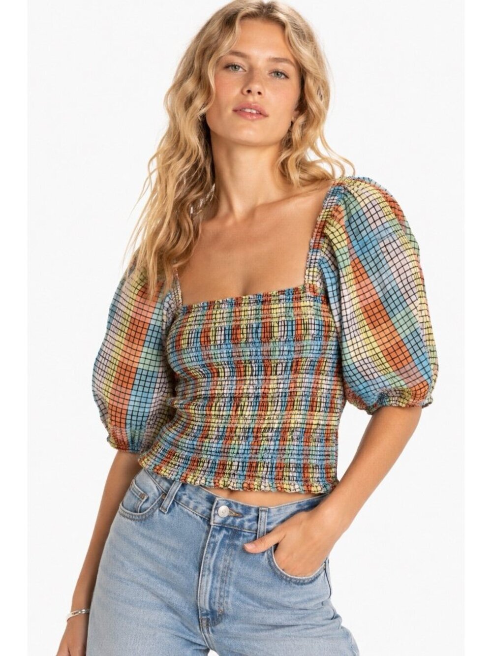 GANNI shirt top blouse colorful 38 M puff sleeve seersucker gingham retro summer